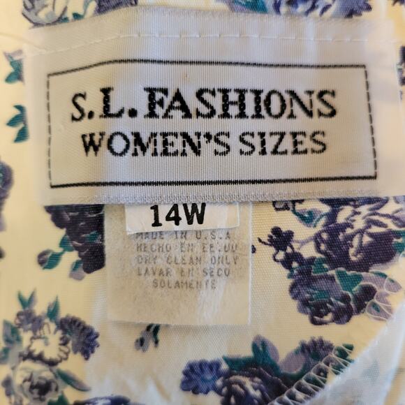 Vintage 80s Blue White Floral Midi Dress, Shoulder Pads Lace Pockets, 14W - Picture 4 of 7